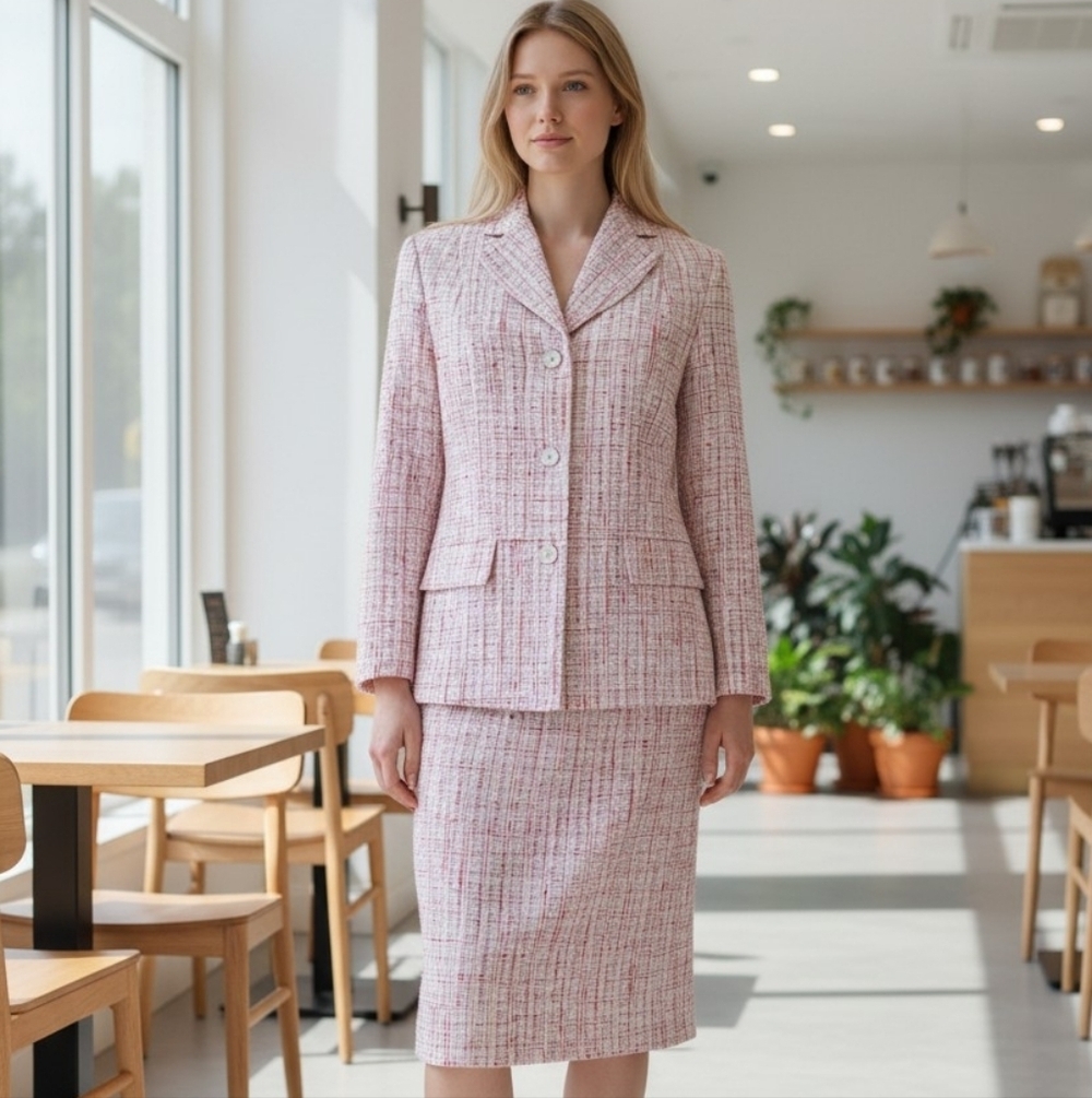 Classic Tweed Skirt Suit Pink & Whitw Tailored Jacket and Pencil Skirt Set